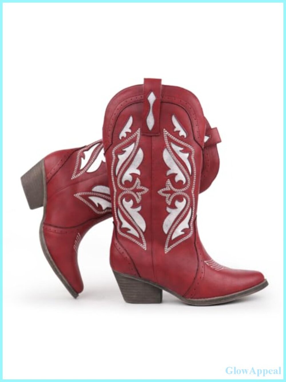 Women's Embroidered Mid Calf Cowboy Boots Pointed Toe Chunky Block Heel Pull On